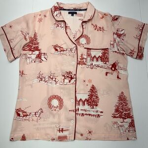 KATIE KIME WOMENS APRES SKI TOILE RED HOLIDAY PRINT THEME PAJAMA TOP LG